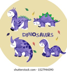 Cute Vector Illustrated Dinosaurs Set Isolated On White Background. Collection Of Simple Drawn Characters For Children's Book