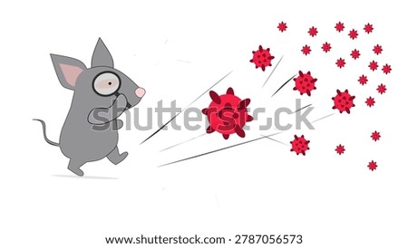 Cute vector illustration about health awareness, featuring a cartoon mouse kicking a virus ball, presentation spreading red virus particles.