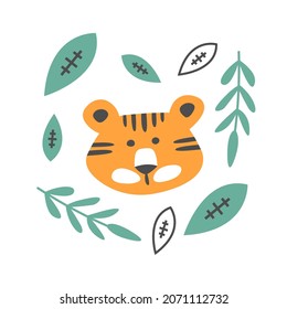 Cute vector illustration with abstract cartoon tiger cub and leaves on a white background. Universal print or illustration in Scandinavian style for textiles, posters, decor, interior, nursery, kids