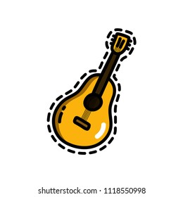Cute vector illustration of a acoustic guitar in cartoon doodle style on white background