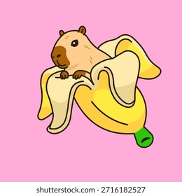 Linda Ilustración vectorial de un adorable capibara escondido dentro de una cáscara de plátano, creando una escena juguetona y caprichosa.