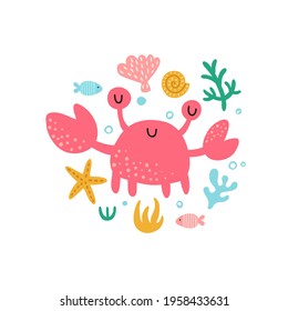 cute vector illustration, adorable crab in a circle, surrounded by sea related items like fish, shell, coral, beautiful image for kids