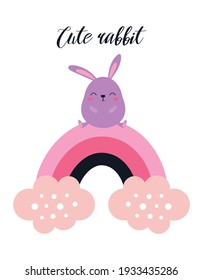 linda ilustración vectorial del adorable conejo en el colorido arco iris aislado en fondo blanco, afiche con conejito para habitación infantil y de niñera, tarjeta de Pascua