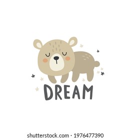 cute vector illustration of adorable teddy bear and hand lettering dream text