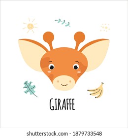 Cute vector illustration of African Giraffe with hand drawn floral elements, isolated on white background. Educational childish card Illustration. 