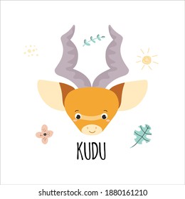Cute vector illustration of African Kudu antelope with hand drawn floral elements, isolated on white background. Educational childish card Illustration. 