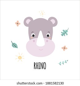 Cute vector illustration of African Rhino with hand drawn floral elements, isolated on white background. Educational childish card Illustration. 