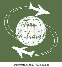 Cute vector illustration of aircraft flying around the globe. Design for poster or print.