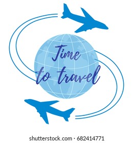 Cute vector illustration of aircraft flying around the globe. Design for poster or print.