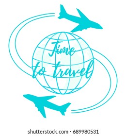 Cute vector illustration of aircraft flying around the globe. Design for poster or print.