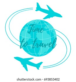 Cute vector illustration of aircraft flying around the globe. Design for poster or print.