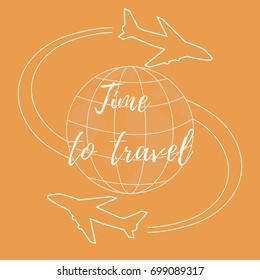 Cute vector illustration of aircraft flying around the globe. Design for poster or print.