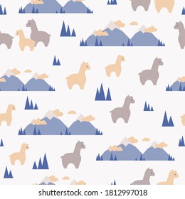 Cute Vector Illustration Alpaca in the Mountain, Children Seamless Pattern.