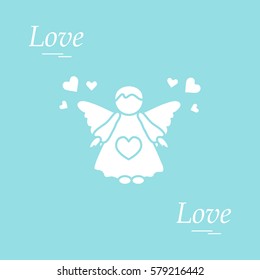Cute vector illustration: angel and hearts. Love symbol. Design for banner, flyer, poster or print. 