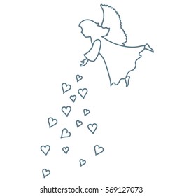 Cute vector illustration: angel showered hearts. Love symbol. Design for banner, flyer, poster or print. 