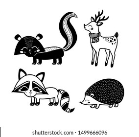 Cute vector illustration with animals.  Hedgehog, raccoon, deer and skunk.  Child. Baby. Coloring book. 
