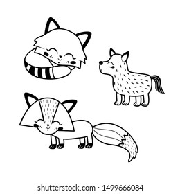 Cute vector illustration with animals.  Little sleeping cat, dog and fox. Child. Baby. Coloring book. 