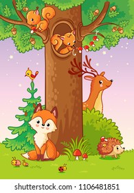 Cute vector illustration with animals. The squirrel in a double. The deer in the bushes. The fox sits in the forest.