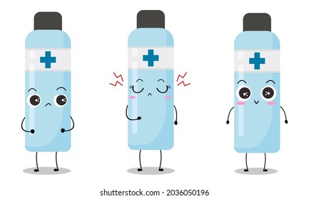 Cute vector illustration of antiseptic bottle character. Disinfection. Hand soap. Hand sanitizer cartoon. Protection from viruses attack. Isolated on white background. Funny expression collection 3