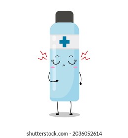 Cute vector illustration of antiseptic bottle character. Disinfection. Hand soap. Hand sanitizer bottle cartoon. Protection from viruses attack. Isolated on white background. Funny expression, angry 