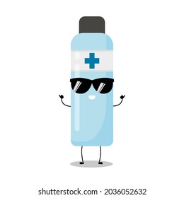 Ilustración vectorial de la botella antiséptica. Desinfección. Jabón de mano. Caricatura de botellas sanitizer a mano. Protección contra ataques de virus. Aislado sobre fondo blanco. Expresión divertida, genial 1