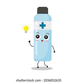 Ilustración vectorial de la botella antiséptica. Desinfección. Jabón de mano. Caricatura de botellas sanitizer a mano. Protección contra ataques de virus. Aislado sobre fondo blanco. Expresión divertida, inteligente