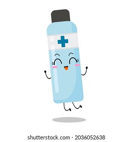 Cute vector illustration of antiseptic bottle character. Disinfection. Hand soap. Hand sanitizer bottle cartoon. Protection from viruses attack. Isolated on white background. Funny expression, jump 1