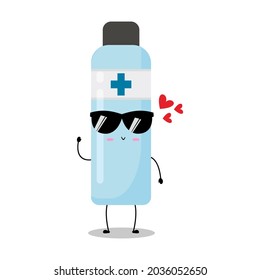 Cute vector illustration of antiseptic bottle character. Disinfection. Hand soap. Hand sanitizer bottle cartoon. Protection from viruses attack. Isolated on white background. Funny expression, lovely