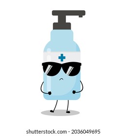 Cute vector illustration of antiseptic character. Disinfection. Hand sanitizer bottle cartoon. Protection from viruses attack. Isolated on white background. Funny expression, cool, angry