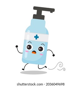 Cute vector illustration of antiseptic character. Disinfection. Hand sanitizer bottle cartoon. Protection from viruses attack. Isolated on white background. Funny expression, run, panic