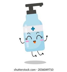 Cute vector illustration of antiseptic character. Disinfection. Hand sanitizer bottle cartoon. Protection from viruses attack. Isolated on white background. Funny expression, happy jump