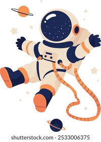 A cute vector illustration of an astronaut floating in space, surrounded by planets and stars. The playful design features soft colors and minimal details, ideal for childrens themes