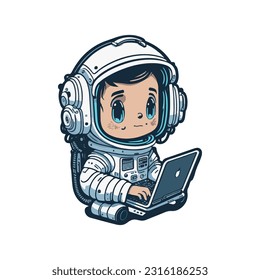 cute vector illustration of astronaut mascot design with laptop