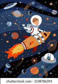 Cute vector illustration of an astronaut in space on a rocket. Drawing of a flying cosmonaut among planets, aliens and starry sky
 
