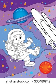 Cute vector illustration of an astronaut in space outline for coloring book for children.
