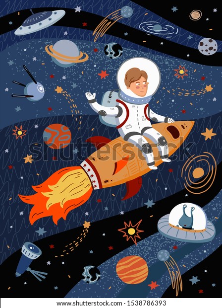 ロケット上の宇宙飛行士のかわいいベクターイラスト 惑星 宇宙人 星空の間を飛ぶ宇宙飛行士の絵 のベクター画像素材 ロイヤリティフリー