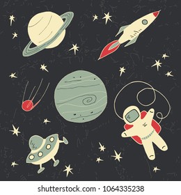 Cute vector illustration with Astronaut, Spaceship, Rocket, Moon, Sputnik, Stars in Outer space, Saturn and hand lettering text " Space adventures ". Funny space icon set