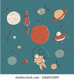 Cute vector illustration with Astronaut, Spaceship, Rocket, Moon, Sputnik, Stars in Outer space, Saturn and hand lettering text. Funny space icon set