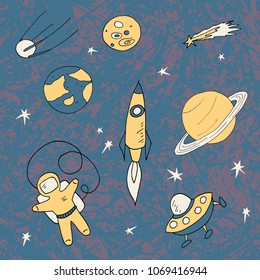 Cute vector illustration with Astronaut, Spaceship, Rocket, Moon, Sputnik, Stars in Outer space and Saturn. Funny space icon set