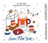 Cute vector illustration with autumn and winter hygge elements. Isolated on white background. Motivational typography of hygge quotes. Scandinavian style