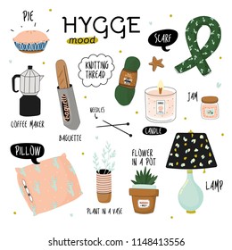 Cute vector illustration of autumn and winter hygge elements. Isolated on white background. Motivational typography of hygge quotes. Scandinavian style