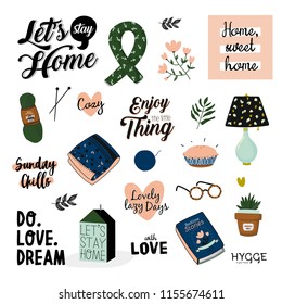 Cute vector illustration of autumn and winter hygge elements. Isolated on white background. Motivational typography of hygge quotes. Scandinavian style