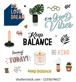 Cute vector illustration of autumn and winter hygge elements. Isolated on white background. Motivational typography of hygge quotes. Scandinavian style