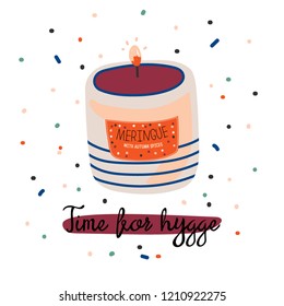 Cute vector illustration with autumn and winter hygge elements. Isolated on white background. Motivational typography of hygge quotes. Scandinavian style