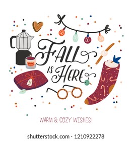 Cute vector illustration with autumn and winter hygge elements. Isolated on white background. Motivational typography of hygge quotes. Scandinavian style