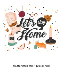 Cute vector illustration with autumn and winter hygge elements. Isolated on white background. Motivational typography of hygge quotes. Scandinavian style