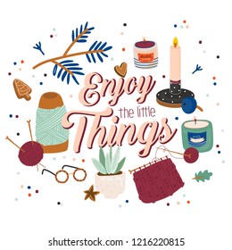 Cute vector illustration with autumn and winter hygge elements. Isolated on white background. Motivational typography of hygge quotes. Scandinavian style