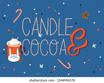 Cute vector illustration with autumn and winter hygge elements. Isolated on white background. Motivational typography of hygge quotes. Scandinavian style