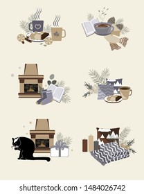 Cute vector illustration of autumn and winter hygge elements compositions isolated on white background. Templates for stickers, cards, scrapbooking, planners, notebooks, clothing. Trendy Scandinavian 