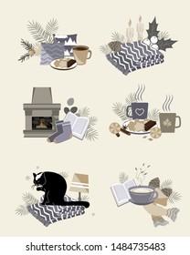 Cute vector illustration of autumn and winter hygge elements compositions isolated on white background. Templates for stickers, cards, scrapbooking, planners, notebooks, clothing. Trendy Scandinavian 